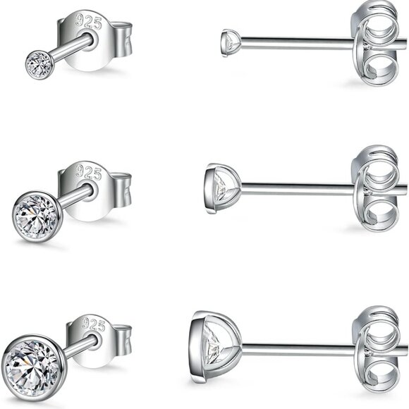 Jewelry - Sterling Silver Stud Earrings for Women Men- 3 Pairs of Tiny Round Cubic Zirconi